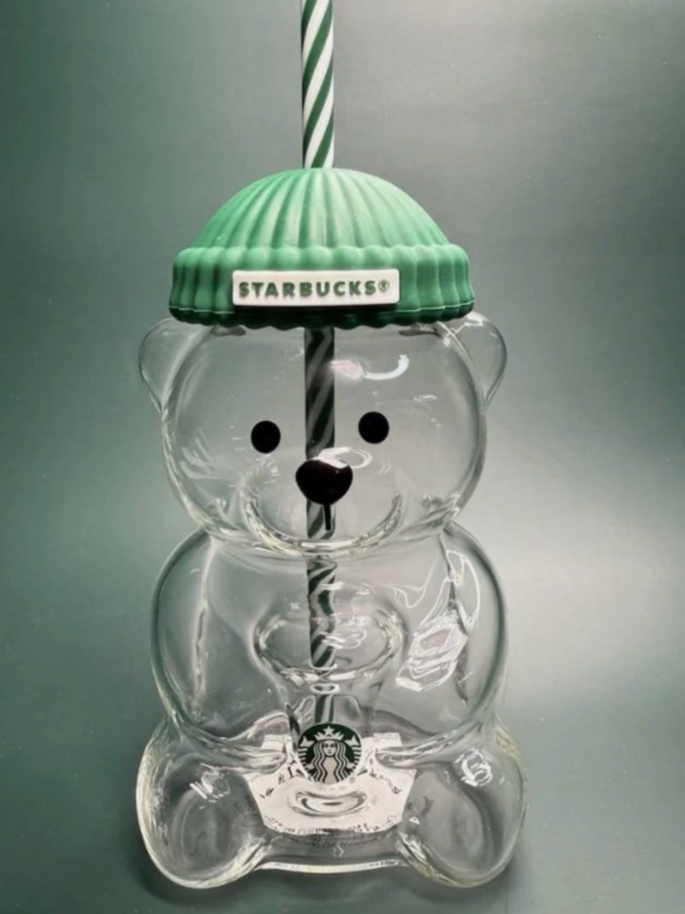 Starbucks Clear Bear Tumbler with Mint Green Ribbed Beanie